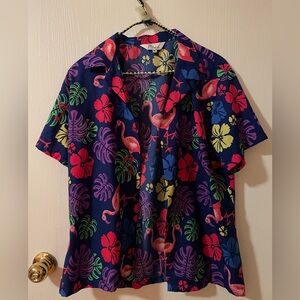 Tropical Print Short-Sleeve Blouse - Navy with Multicolor Floral & Flamingo